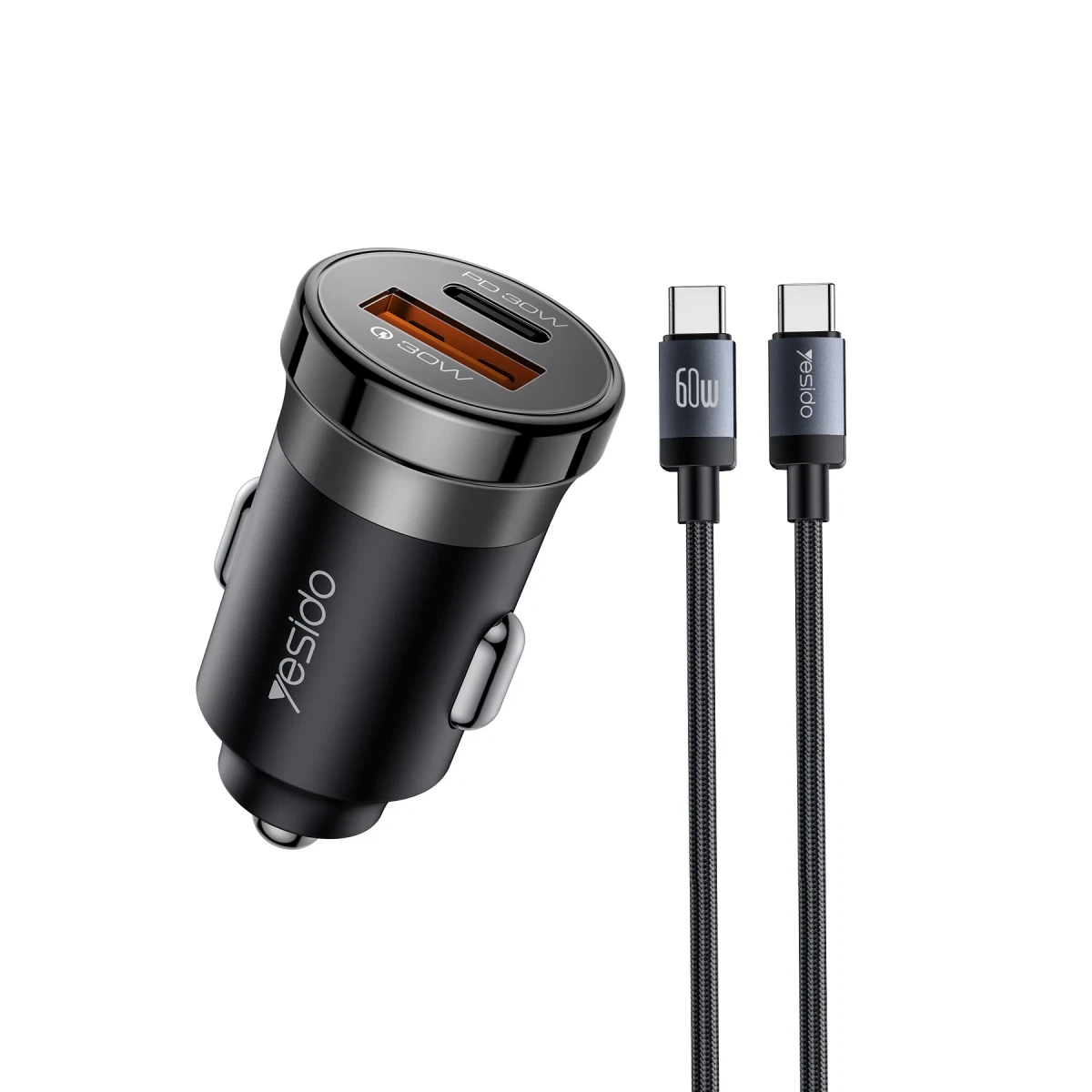 Yesido Y72 1 Adet 30W Type C ve 1 Adet 30W USB Çıkışlı PD Hızlı Araç Şarj Cihazı - Siyah