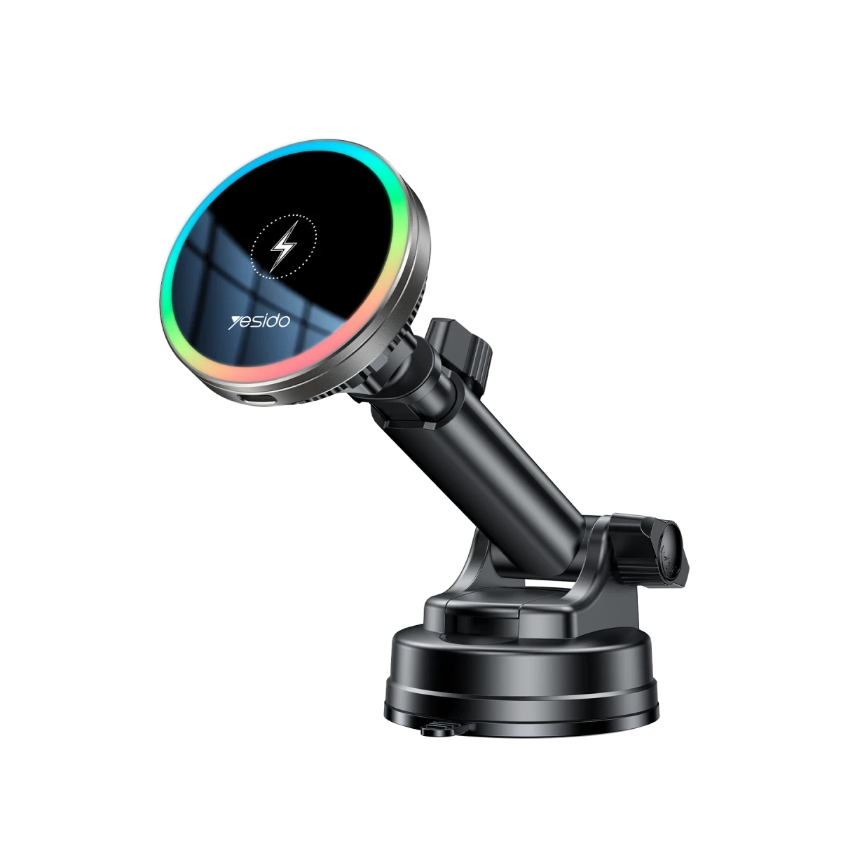 Yesido C315 2in1 Izgara Klipsli ve Vantuzlu 360 Derece Ayarlanabilir RGB Işıklı Cam Yüzeyli Fan Soğutuculu 15W Kablosuz Şarjlı Araç Tutucu - Siyah