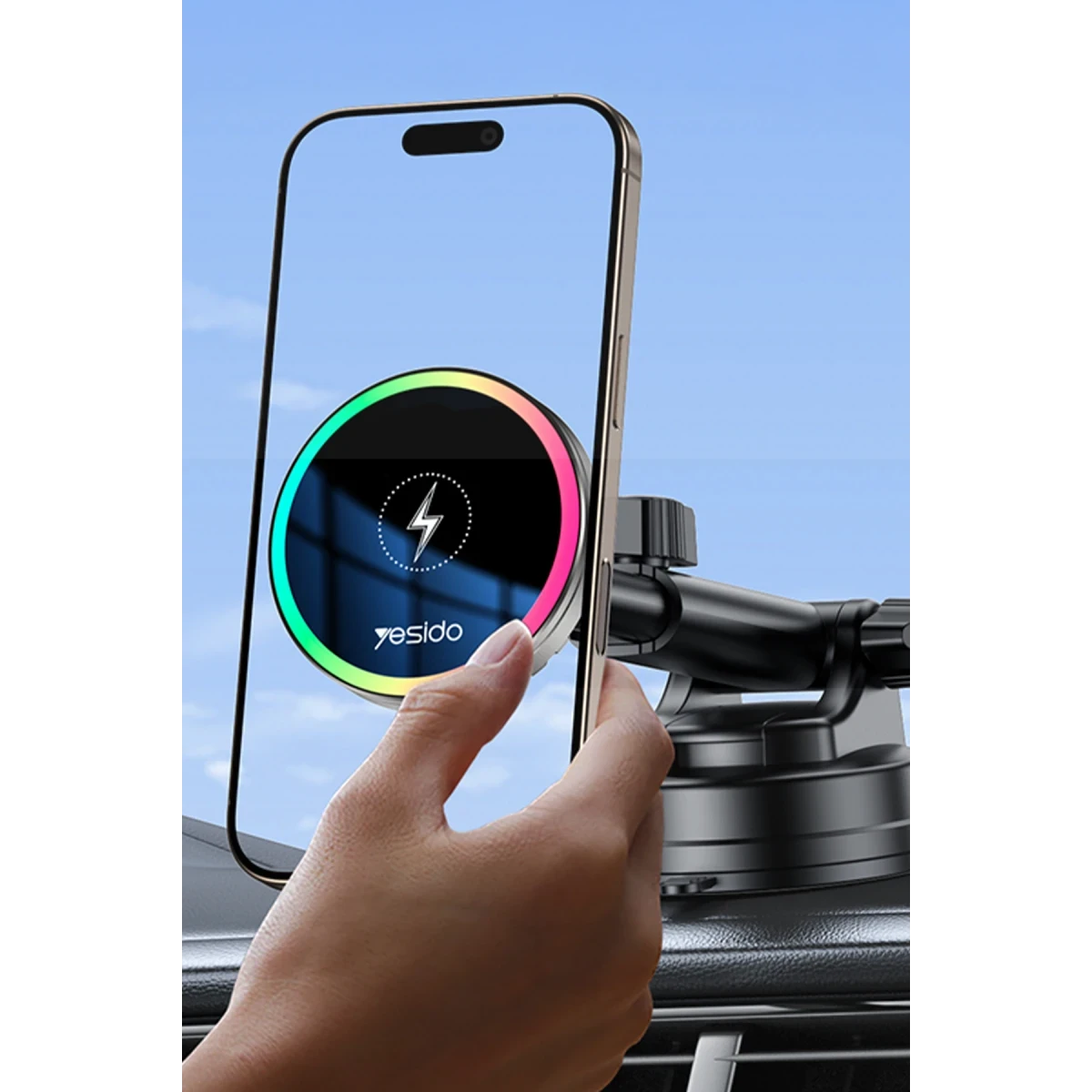 Yesido C315 2in1 Izgara Klipsli ve Vantuzlu 360 Derece Ayarlanabilir RGB Işıklı Cam Yüzeyli Fan Soğutuculu 15W Kablosuz Şarjlı Araç Tutucu - Siyah