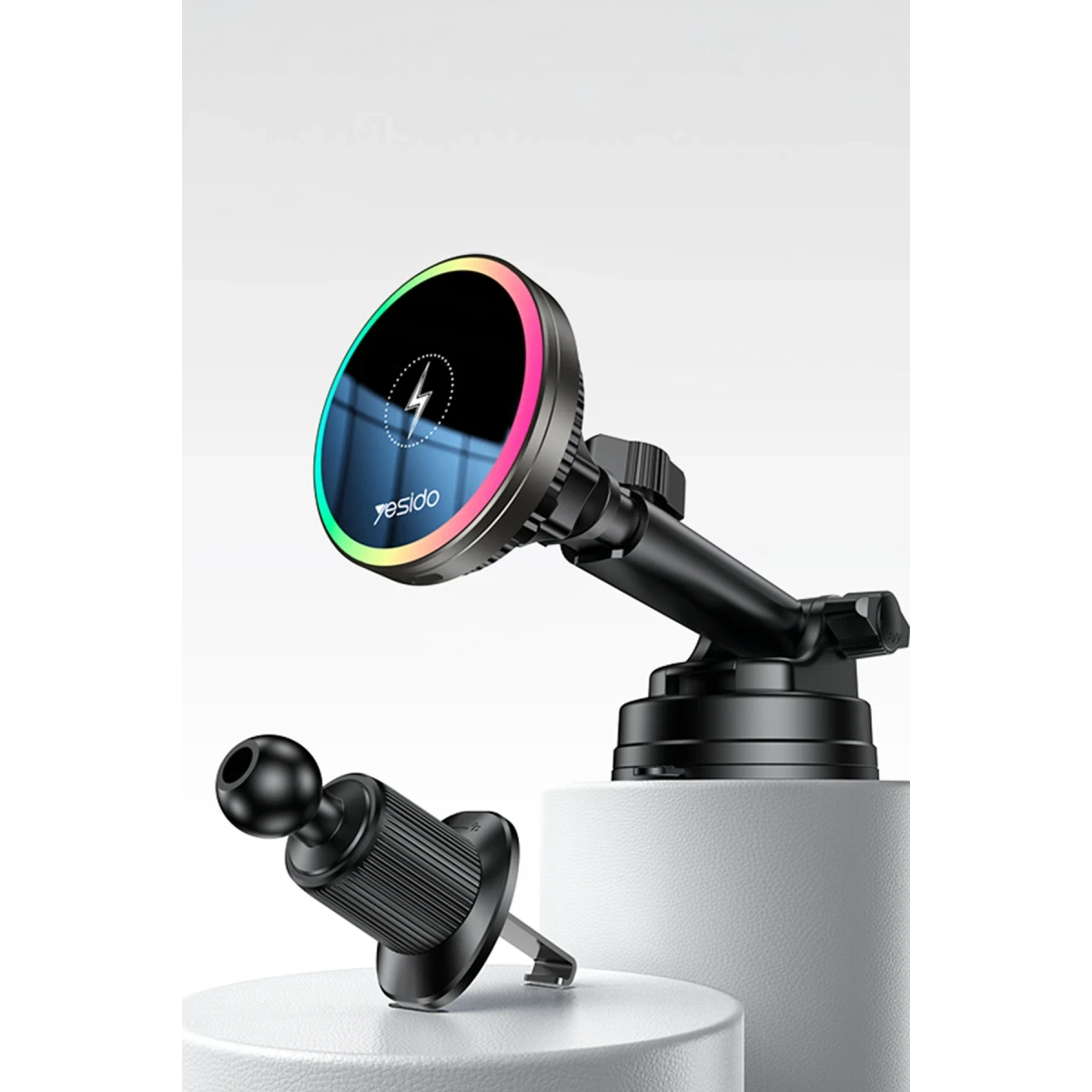 Yesido C315 2in1 Izgara Klipsli ve Vantuzlu 360 Derece Ayarlanabilir RGB Işıklı Cam Yüzeyli Fan Soğutuculu 15W Kablosuz Şarjlı Araç Tutucu - Siyah