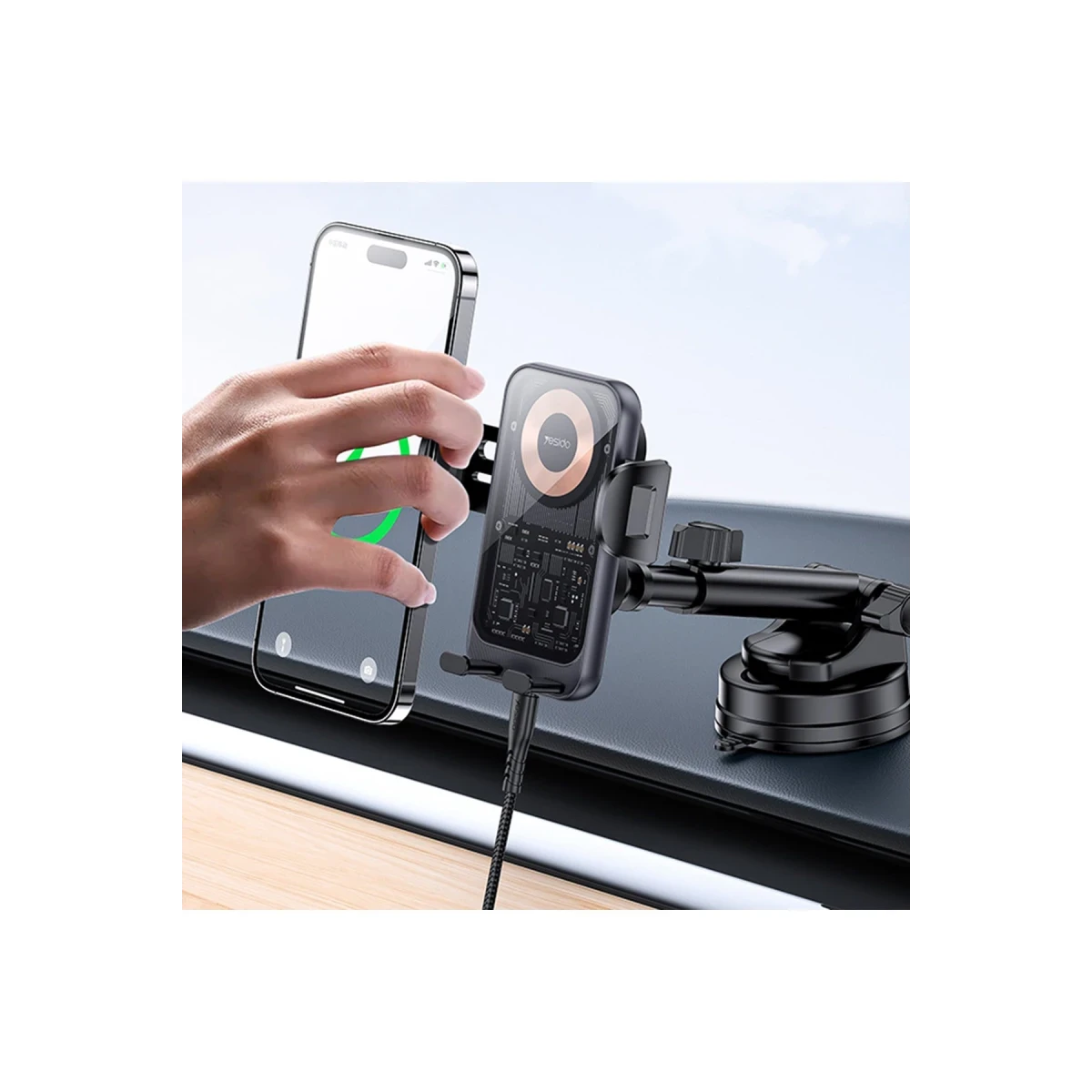 Yesido C307 Yapışkanlı 360 Derece Ayarlanabilir Cam Yüzeyli 15W Kablosuz Şarjlı Magsafe Araç Tutucu - Siyah