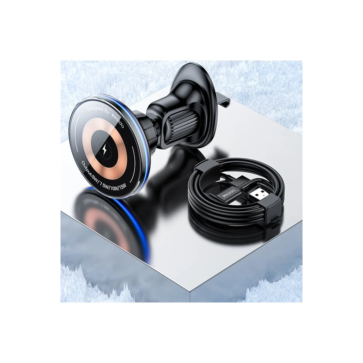 Yesido C308 Izgara Klipsli Cam Yüzeyli 15W Kablosuz Şarjlı Magsafe Araç Tutucu - Siyah