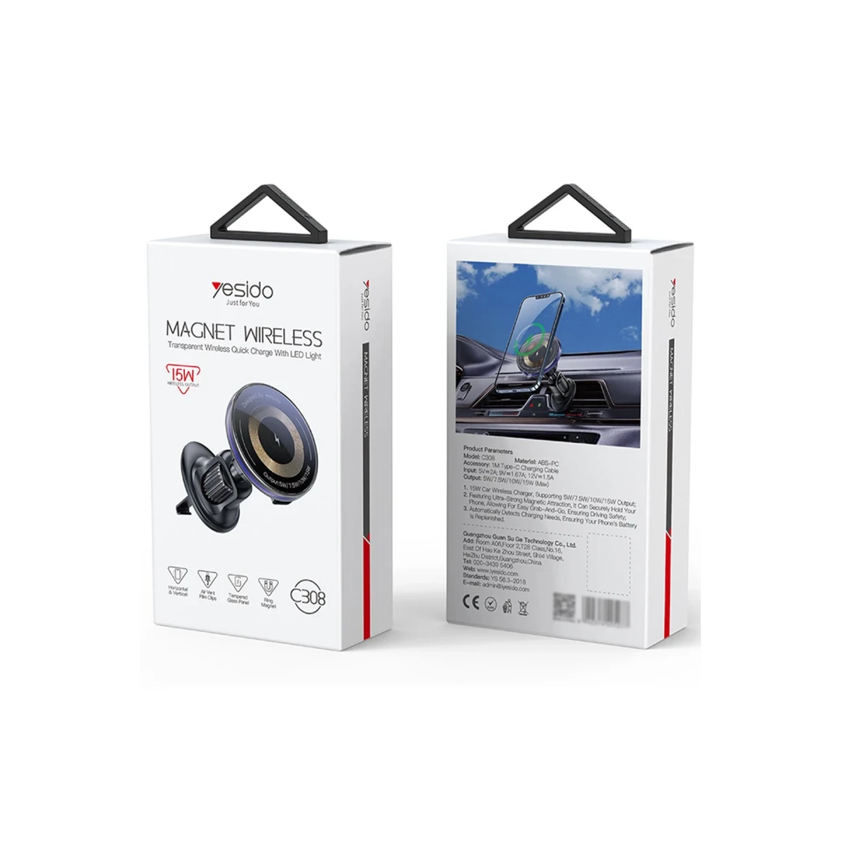 Yesido C308 Izgara Klipsli Cam Yüzeyli 15W Kablosuz Şarjlı Magsafe Araç Tutucu - Siyah