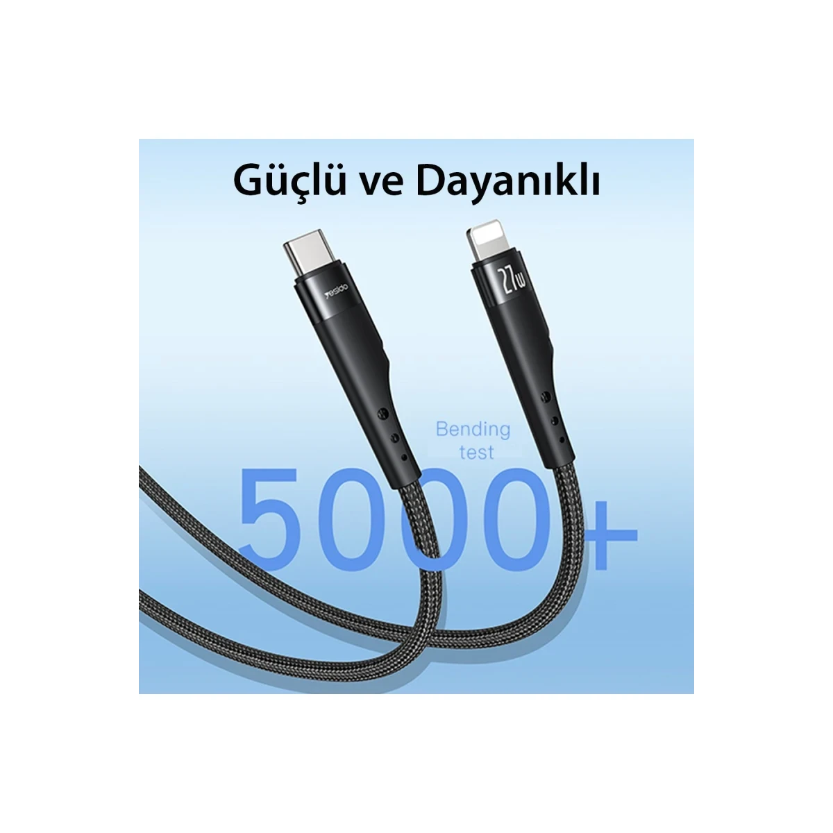 Yesido CA115 3M 27W Hasırlı Type-C to Lightning PD Hızlı Şarj Kablosu - Siyah