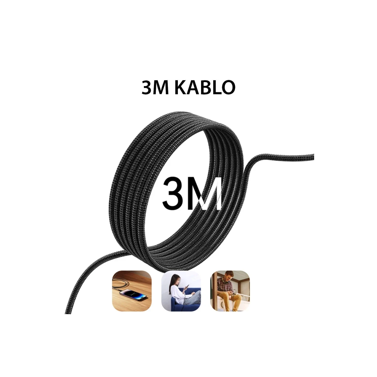Yesido CA115 3M 27W Hasırlı Type-C to Lightning PD Hızlı Şarj Kablosu - Siyah