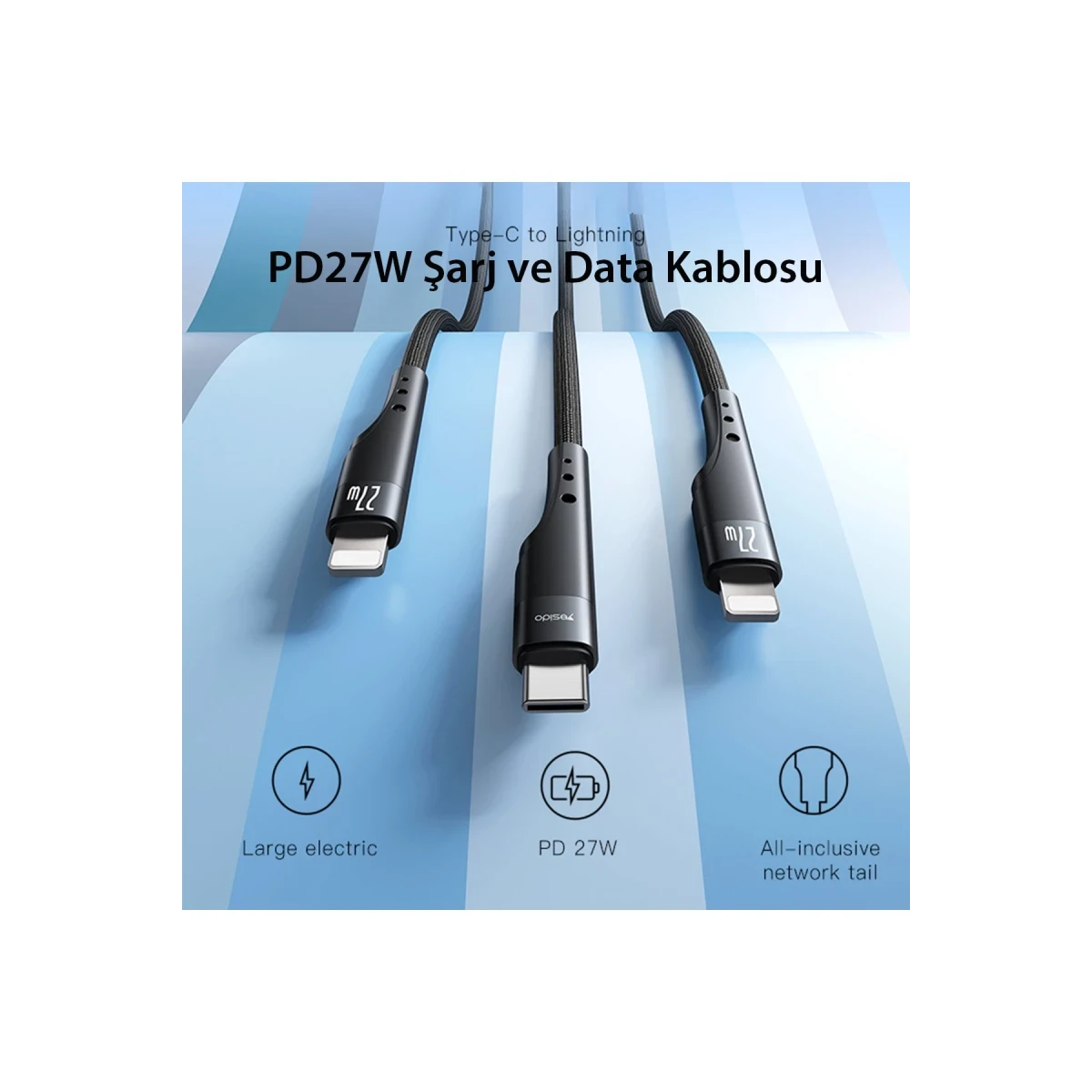 Yesido CA115 3M 27W Hasırlı Type-C to Lightning PD Hızlı Şarj Kablosu - Siyah
