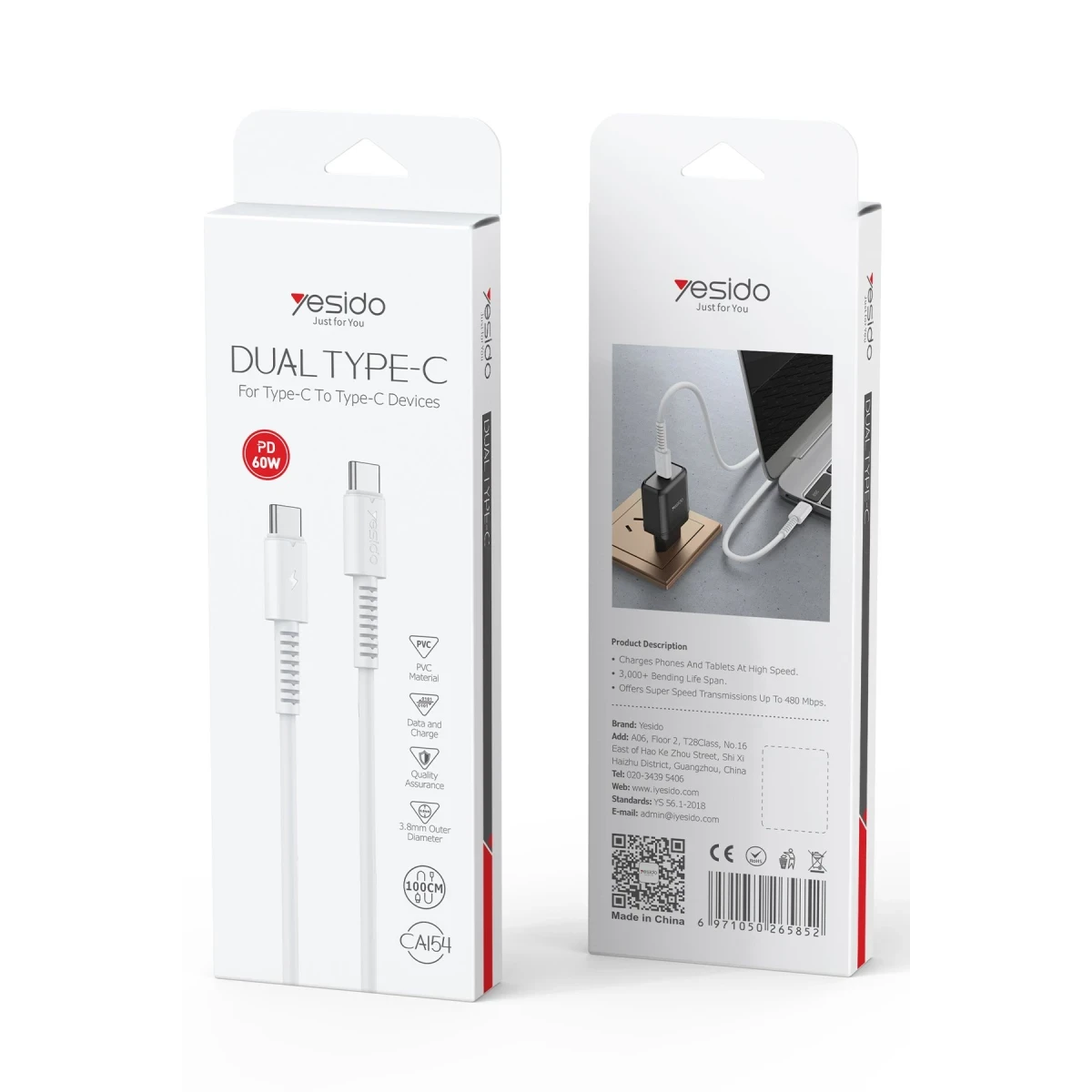 Yesido CA154 1M 60W Type-C to Type-C PD Hızlı Şarj Kablosu - Beyaz