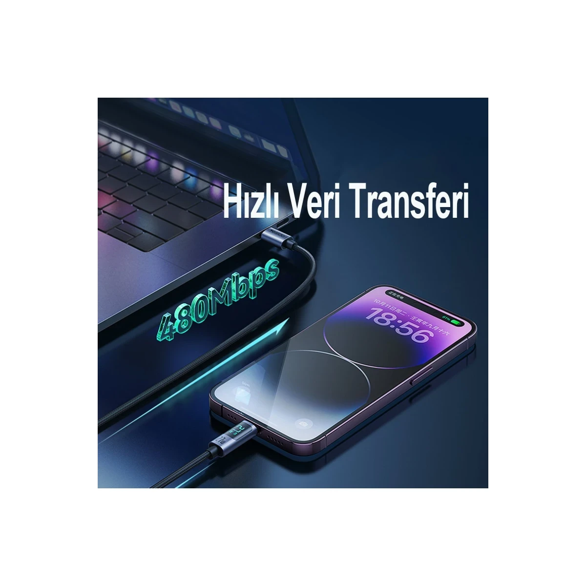 Yesido CA158 1.2M 100W Dijital Göstergeli Hasırlı Type-C to Type-C PD Hızlı Şarj Kablosu - Siyah