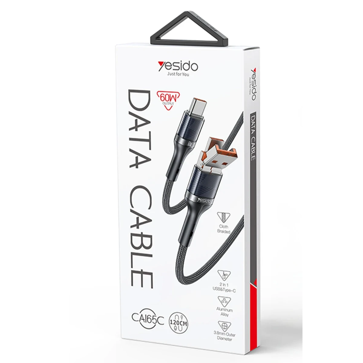 Yesido CA165C 1.2M 2in1 Bir Ucu USB ve Type-C to Type-C PD Hızlı Şarj Kablosu - Siyah