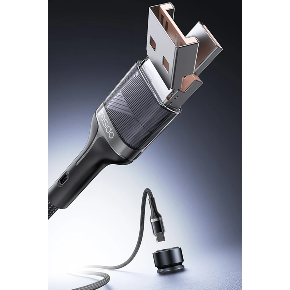 Yesido CA165C 1.2M 2in1 Bir Ucu USB ve Type-C to Type-C PD Hızlı Şarj Kablosu - Siyah