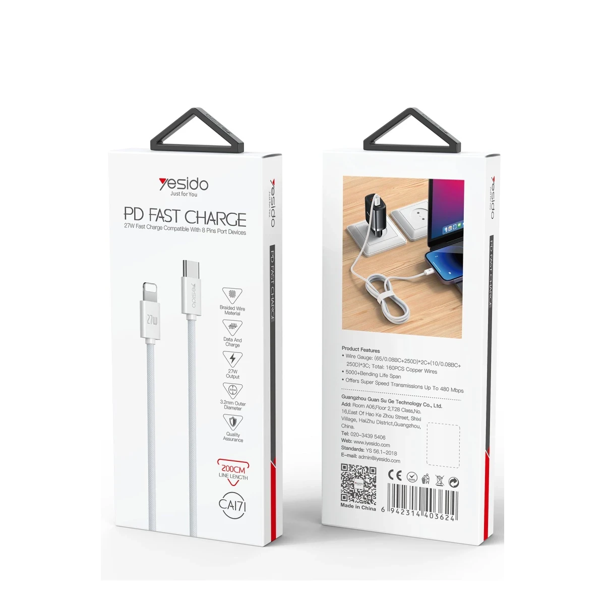 Yesido CA171 2M 27W Type-C to Lightning PD Hızlı Şarj Kablosu - Beyaz