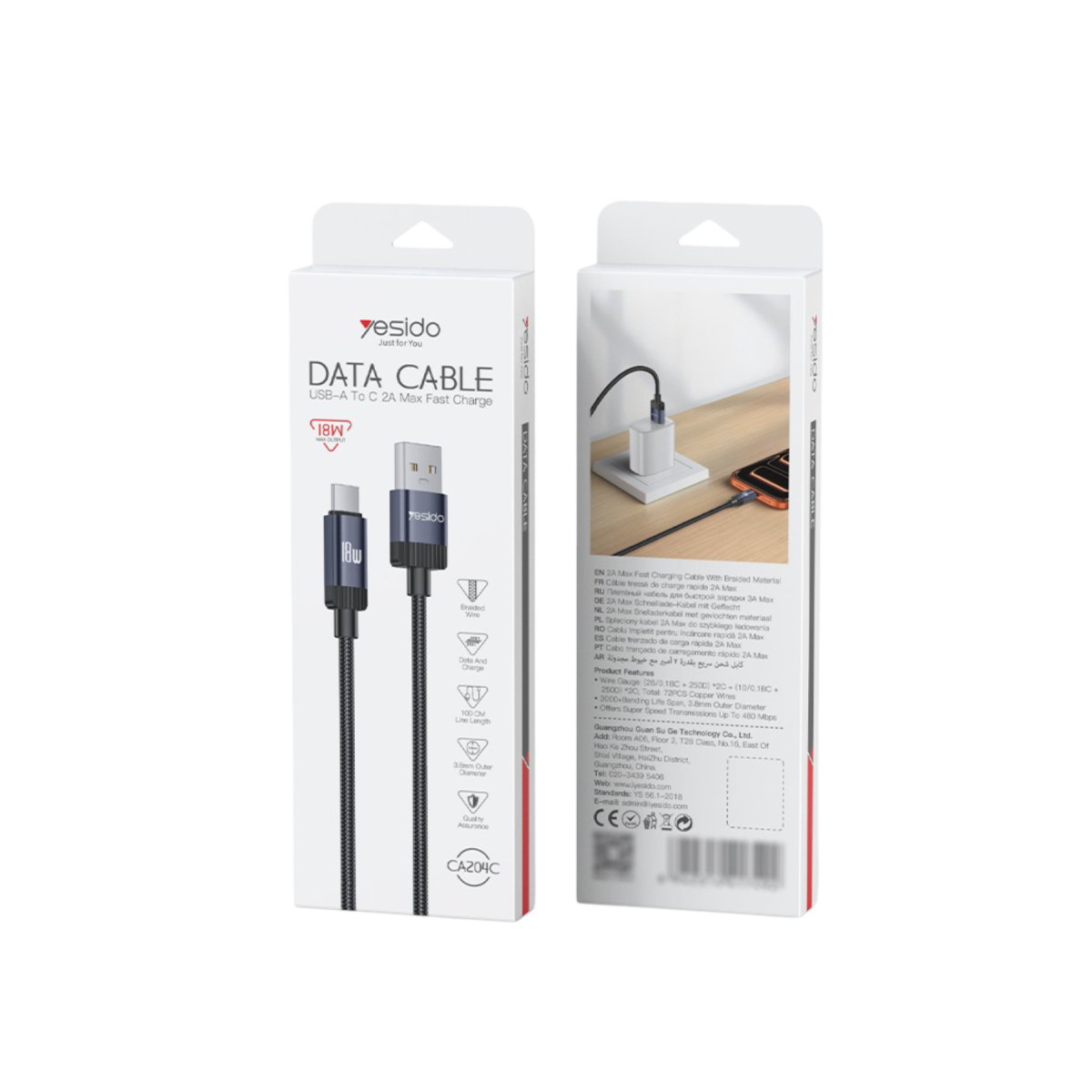 Yesido CA204C 18W Örgü USB-A to USB-C Data ve Şarj Kablosu - Siyah