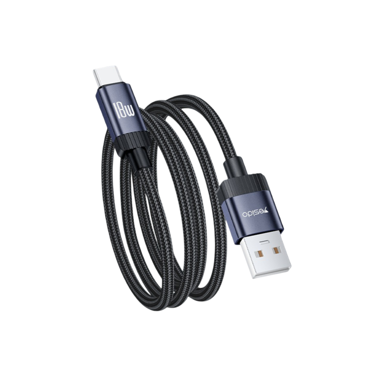 Yesido CA204C 18W Örgü USB-A to USB-C Data ve Şarj Kablosu - Siyah