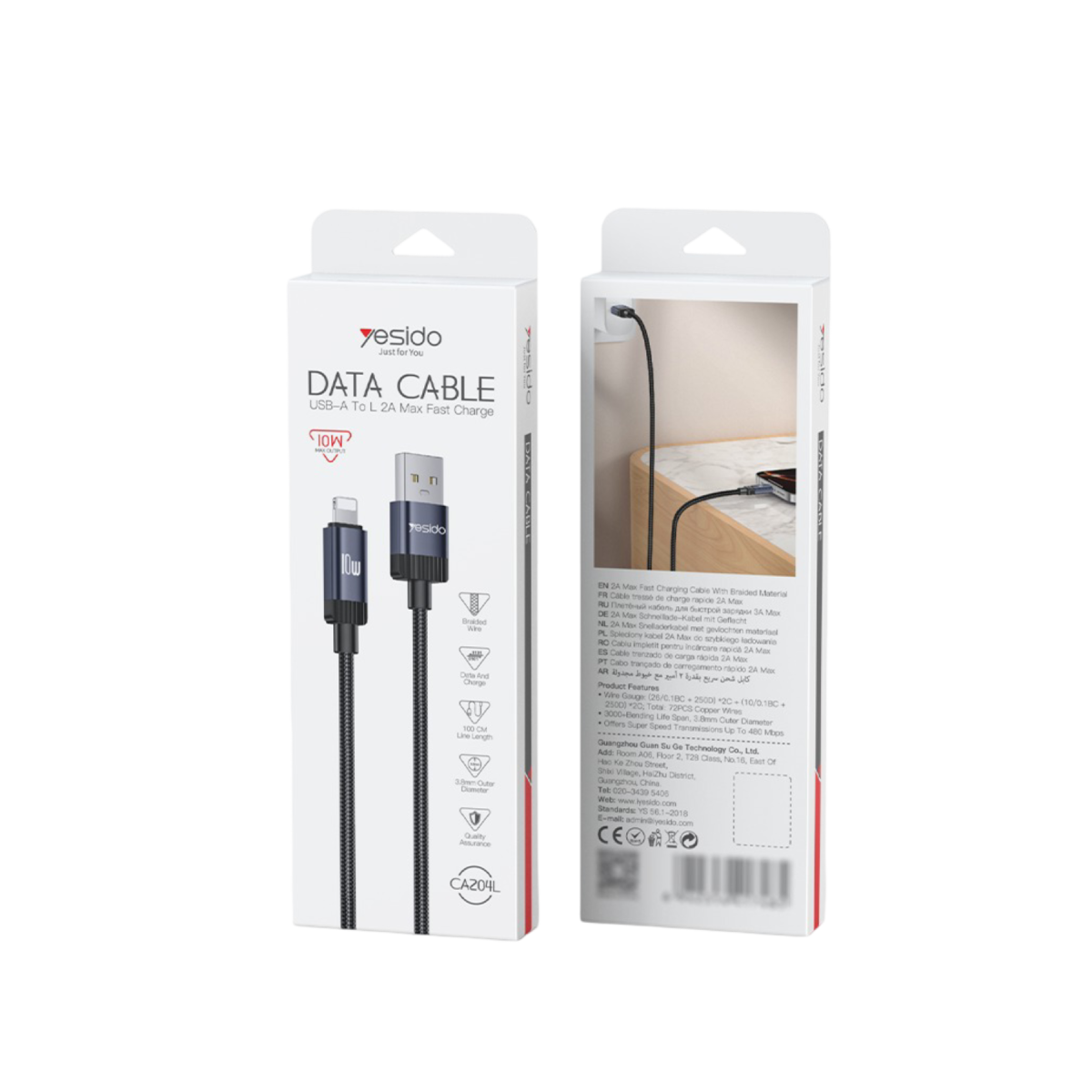 Yesido CA204L 10W Örgü USB-A to Lightning Data ve Şarj Kablosu - Siyah