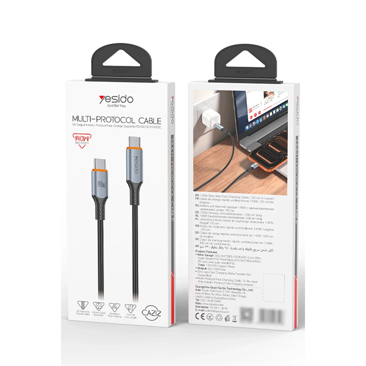 Yesido CA212 1M 140W Type-C to Type-C PPS Destekli Hızlı Şarj Kablosu - Siyah