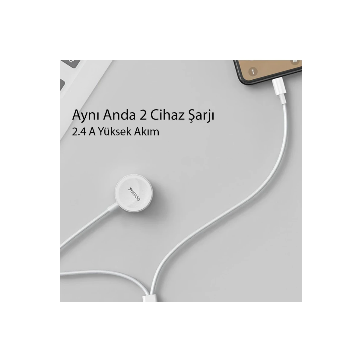 Yesido CA70 2in1 1.5M 2W Apple Watch Şarjı ve 2.4A Lightning Hızlı Şarj Kablosu - Beyaz
