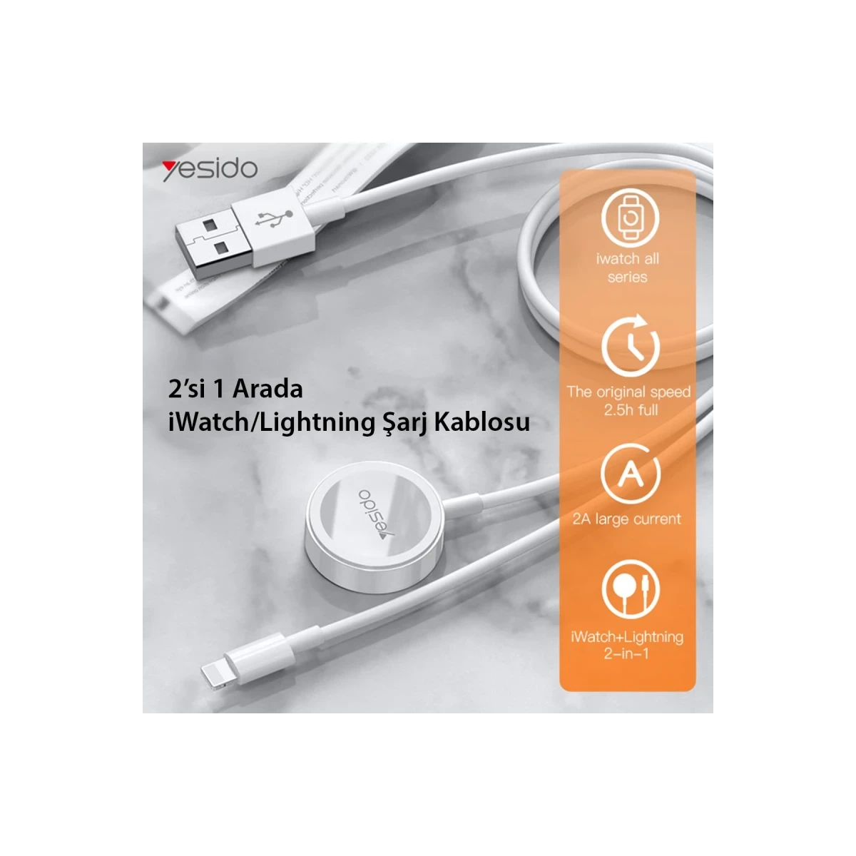 Yesido CA70 2in1 1.5M 2W Apple Watch Şarjı ve 2.4A Lightning Hızlı Şarj Kablosu - Beyaz