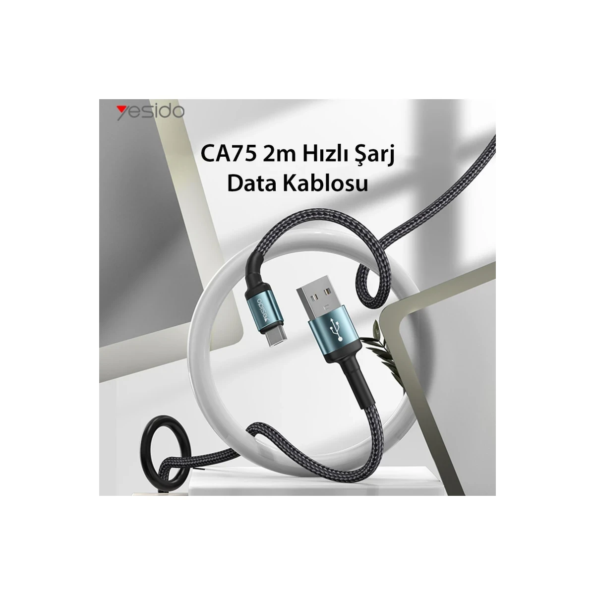 Yesido CA75 2M 2.4A Hasırlı Usb to Type-C Hızlı Şarj Kablosu - Siyah
