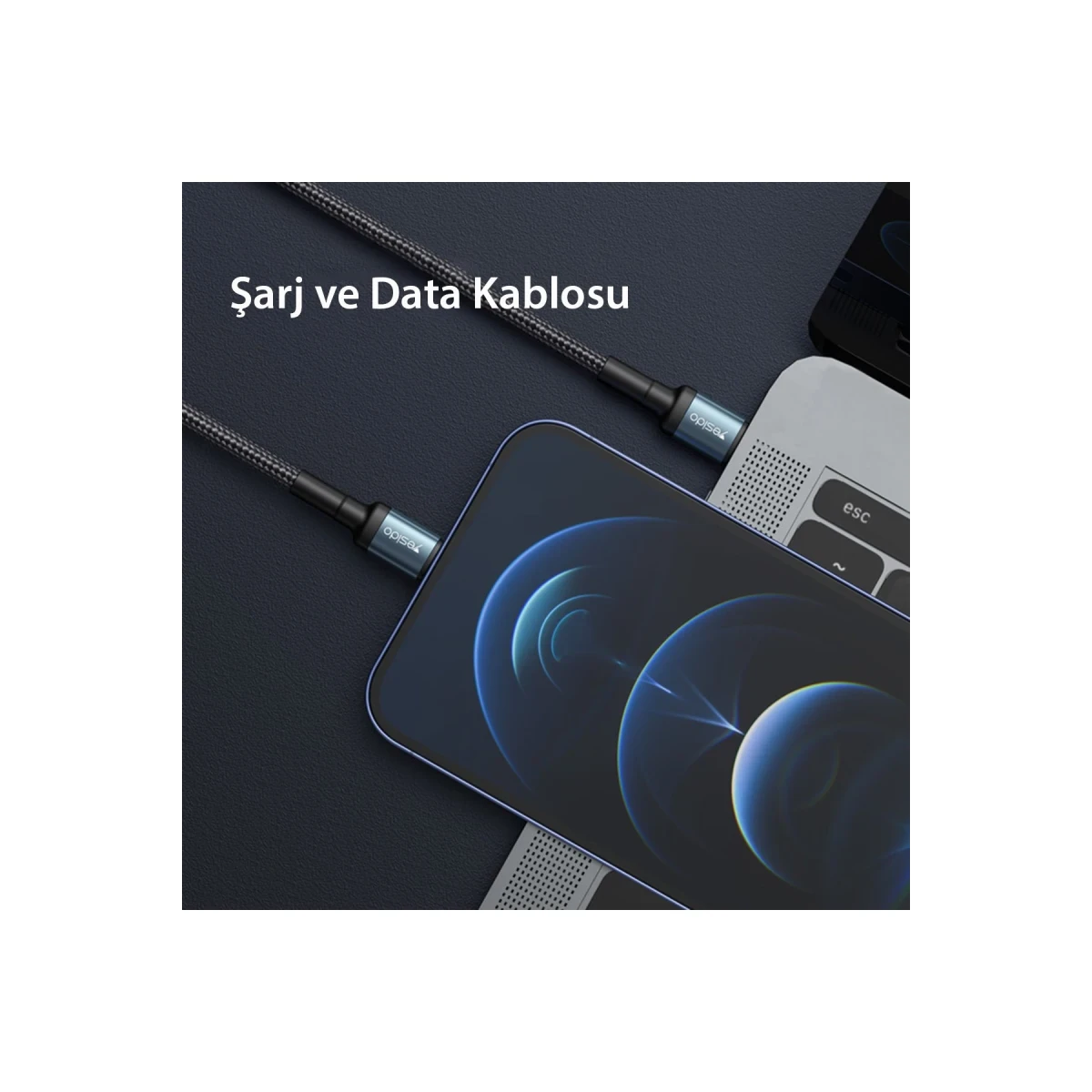 Yesido CA76 1.2M 20W Hasırlı Type-C to Lightning PD Hızlı Şarj Kablosu - Siyah