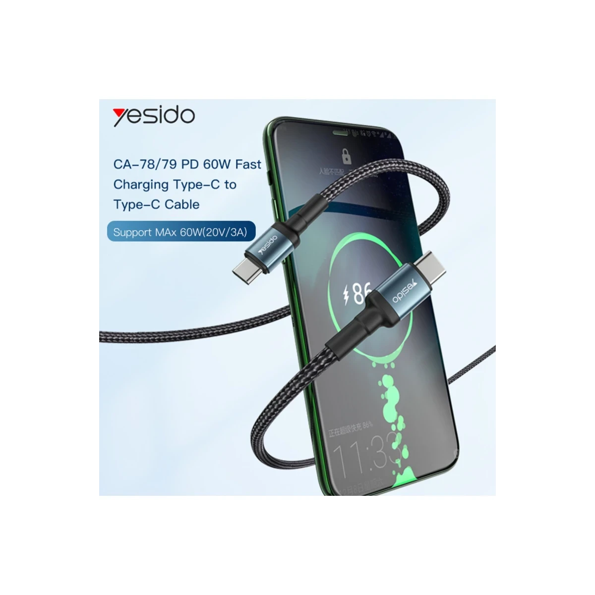 Yesido CA78 1.2M 60W Hasırlı Type-C to Type-C PD Hızlı Şarj Kablosu - Siyah