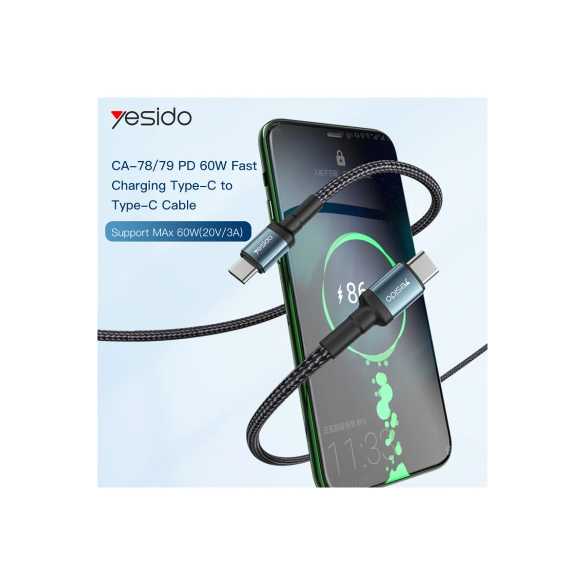 Yesido CA79 2M 60W Hasırlı Type-C to Type-C PD Hızlı Şarj Kablosu - Siyah