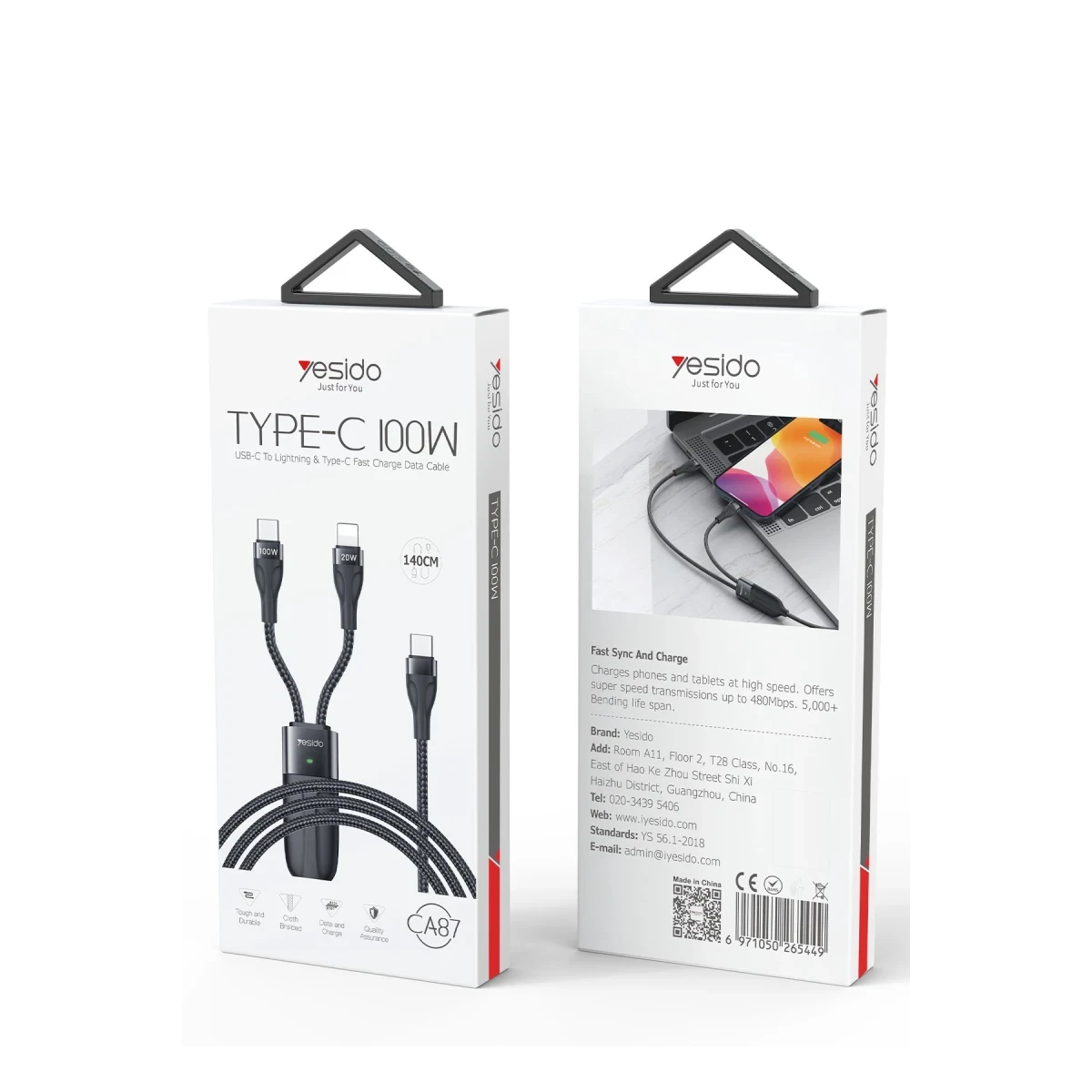 Yesido CA87 1.4M Type-C to 100W Type-C ve 20W Lightning Çift Çıkışlı 2in1 PD Hızlı Şarj Kablosu - Siyah