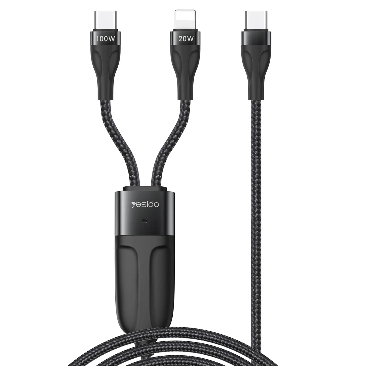 Yesido CA87 1.4M Type-C to 100W Type-C ve 20W Lightning Çift Çıkışlı 2in1 PD Hızlı Şarj Kablosu - Siyah