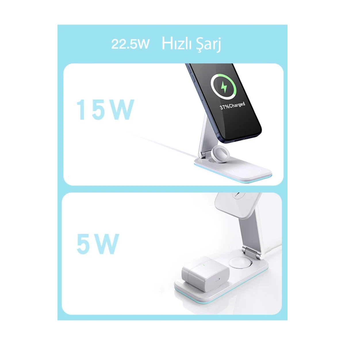 Yesido DS17 3in1 Led Işıklı Masaüstü Kablosuz Şarj Standı - Beyaz