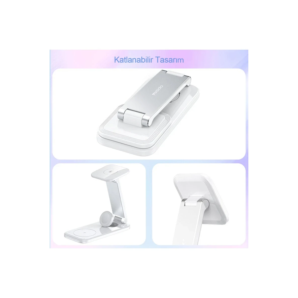 Yesido DS17 3in1 Led Işıklı Masaüstü Kablosuz Şarj Standı - Beyaz