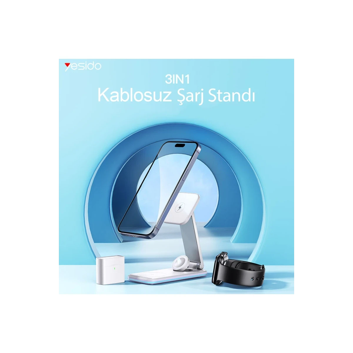 Yesido DS17 3in1 Led Işıklı Masaüstü Kablosuz Şarj Standı - Beyaz