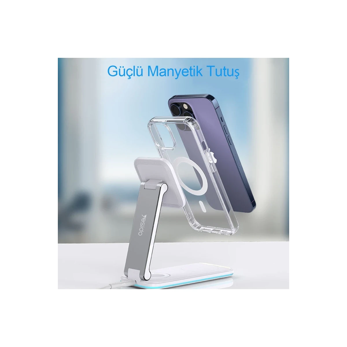 Yesido DS17 3in1 Led Işıklı Masaüstü Kablosuz Şarj Standı - Beyaz