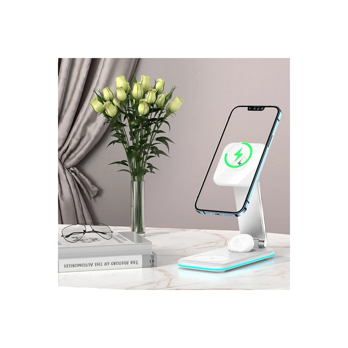 Yesido DS17 3in1 Led Işıklı Masaüstü Kablosuz Şarj Standı - Beyaz
