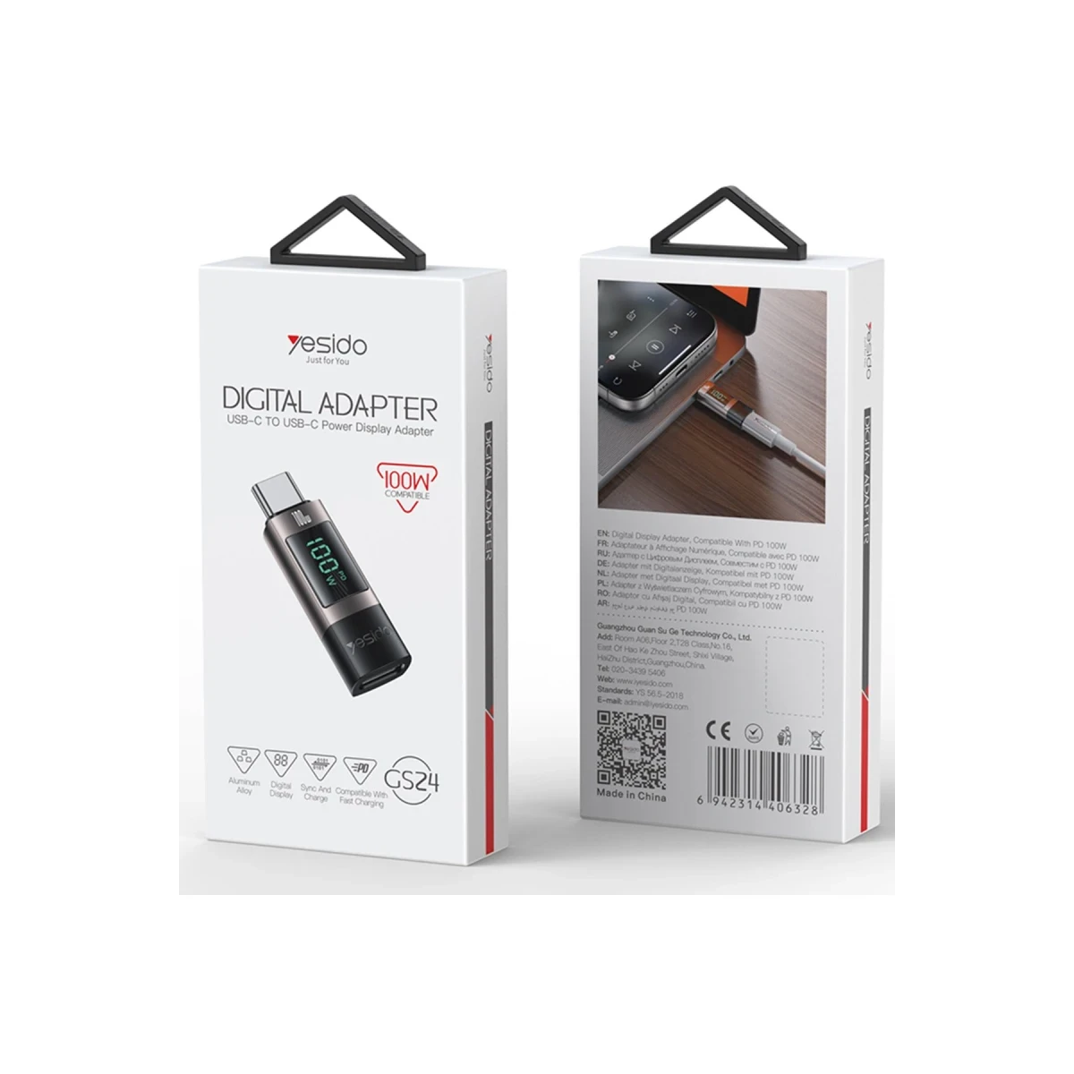 Yesido GS24 Type-C to Type-C 100W Dijital Ekranlı Dönüştürücü - Siyah
