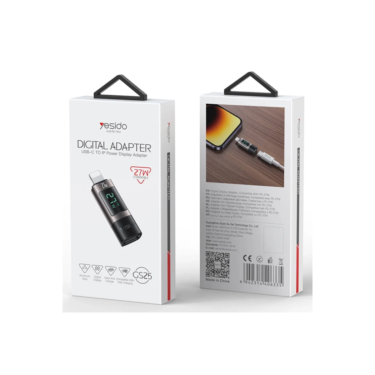 Yesido GS25 Lightning to Type-C 27W Dijital Ekranlı Dönüştürücü - Siyah