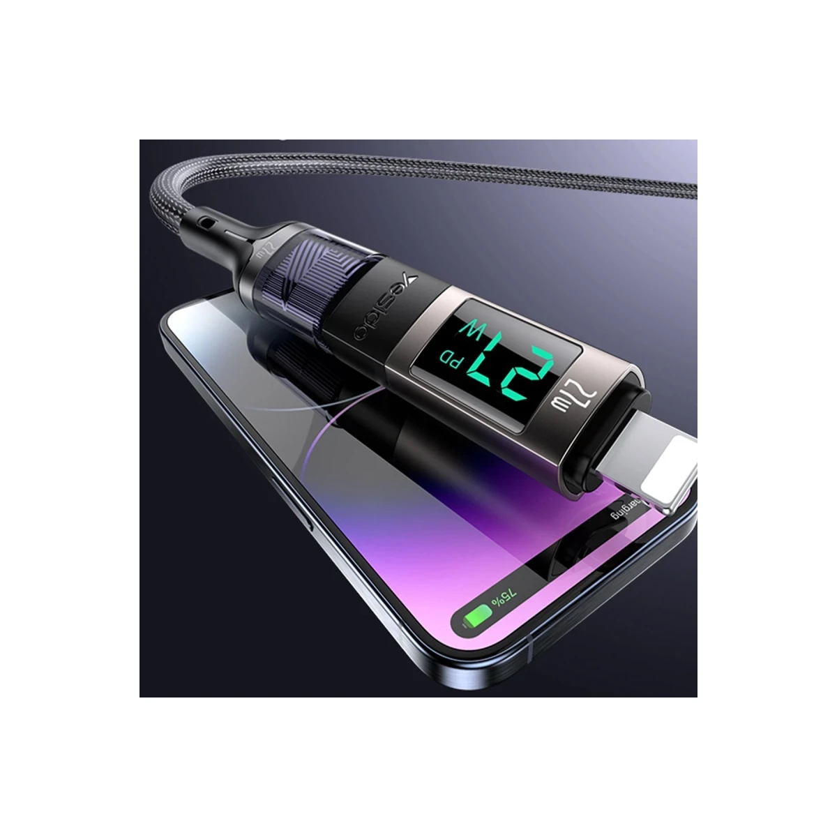 Yesido GS25 Lightning to Type-C 27W Dijital Ekranlı Dönüştürücü - Siyah