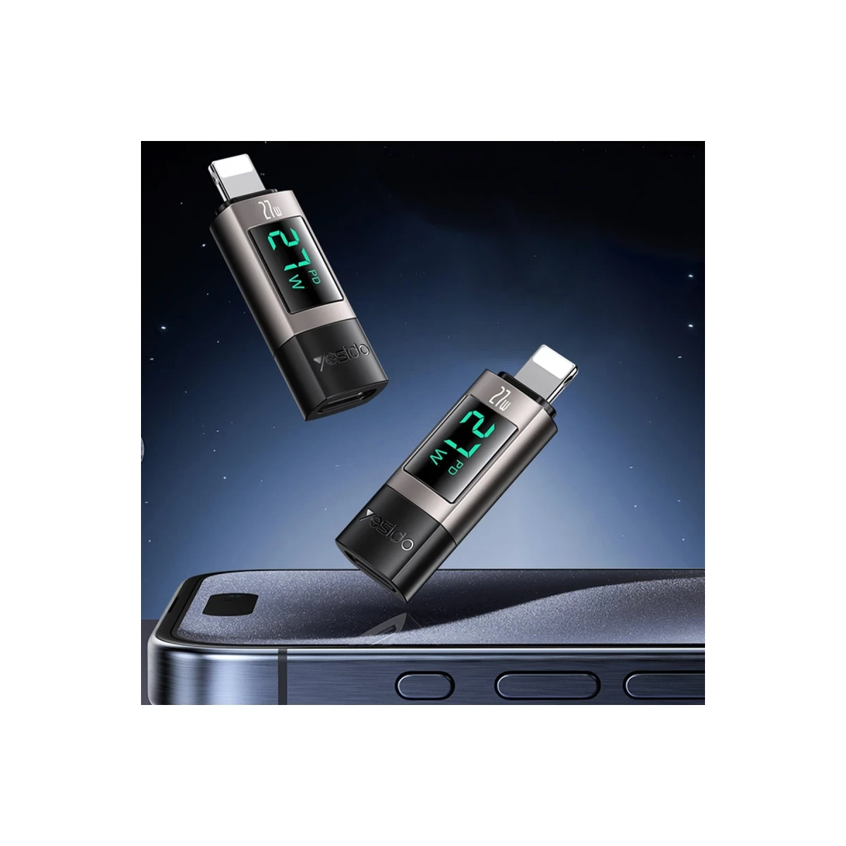 Yesido GS25 Lightning to Type-C 27W Dijital Ekranlı Dönüştürücü - Siyah