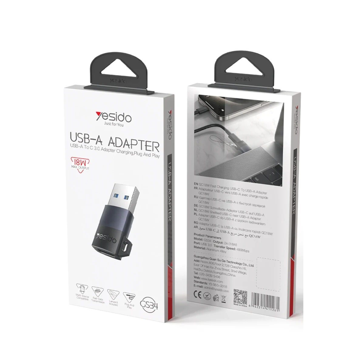 Yesido GS34 USB to Type-C 480 Mbps Data ve 18W Hızlı Şarj Destekli OTG Dönüştürücü - Siyah
