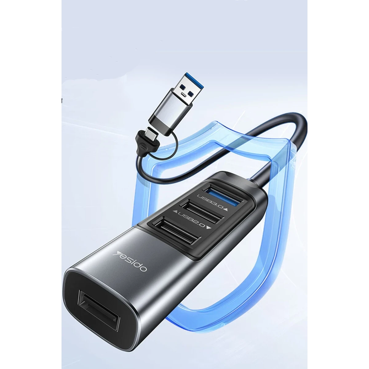 Yesido HB20 5in1 1 Adet USB 3.0 / 2 Adet Usb 2.0 / 1 Adet 100W Type-C Çıkışlı Usb ve Type-C Girişli Hub Dönüştürücü - Siyah