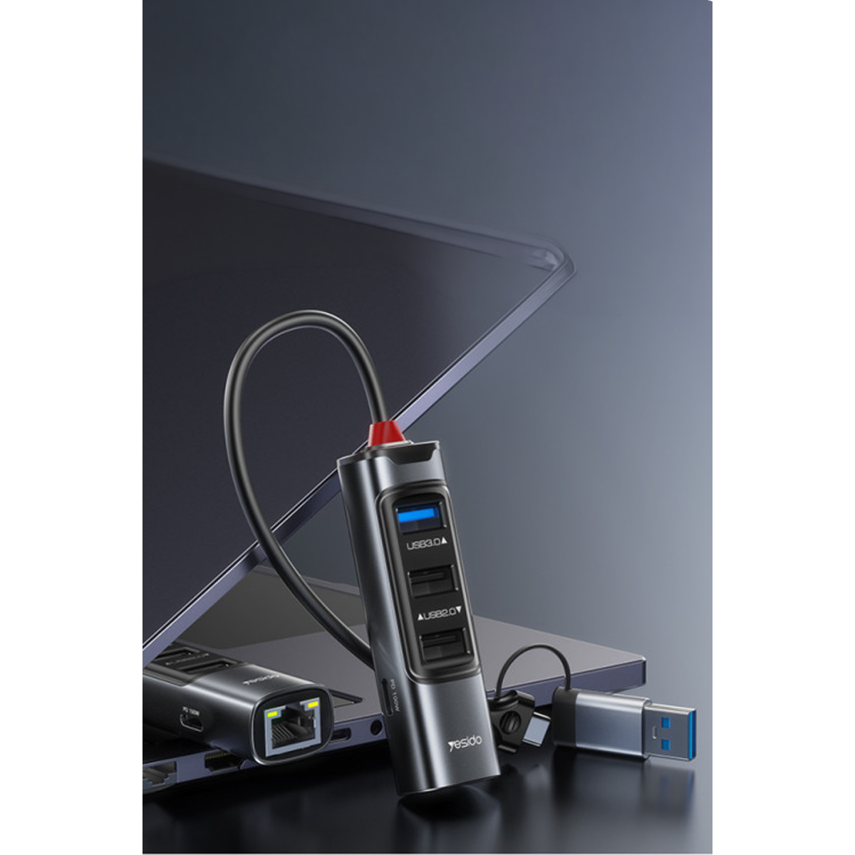 Yesido HB21 5in2 100W PD RJ45 USB Type-C Girişli Hub Dönüştürücü - Gri