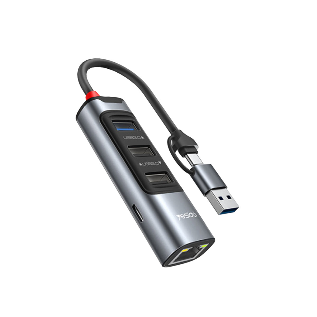Yesido HB21 5in2 100W PD RJ45 USB Type-C Girişli Hub Dönüştürücü - Gri