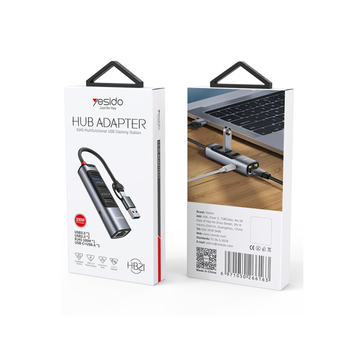 Yesido HB21 5in2 100W PD RJ45 USB Type-C Girişli Hub Dönüştürücü - Gri