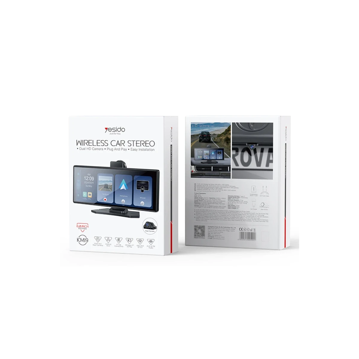 Yesido KM19 10.26inç BT 5.2 Wifi FM Aux AirPlay ve Android Auto Destekli Ekstra Ön ve Arka Kameralı CarPlay - Siyah
