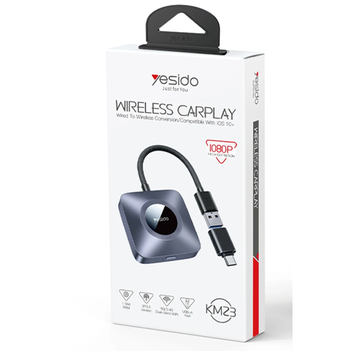 Yesido KM23 2in1 Type-C to USB Dönüştürücülü BT 5.0 1080P Kablosuz CarPlay Adaptör - Siyah