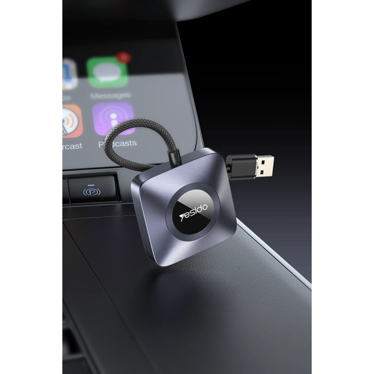 Yesido KM23 2in1 Type-C to USB Dönüştürücülü BT 5.0 1080P Kablosuz CarPlay Adaptör - Siyah