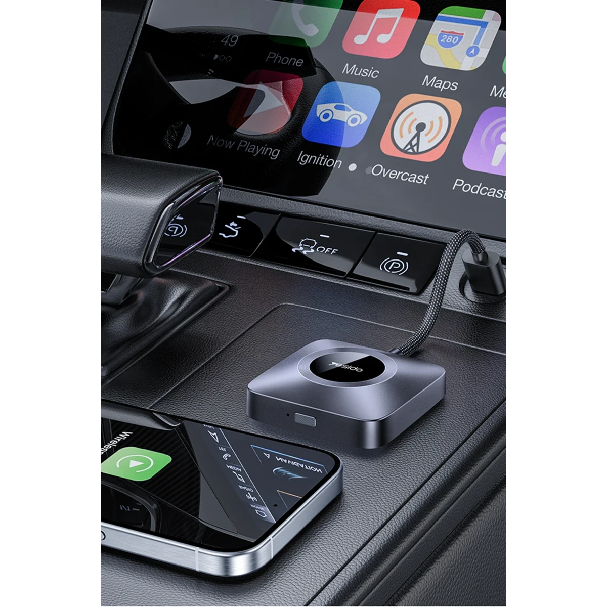 Yesido KM23 2in1 Type-C to USB Dönüştürücülü BT 5.0 1080P Kablosuz CarPlay Adaptör - Siyah