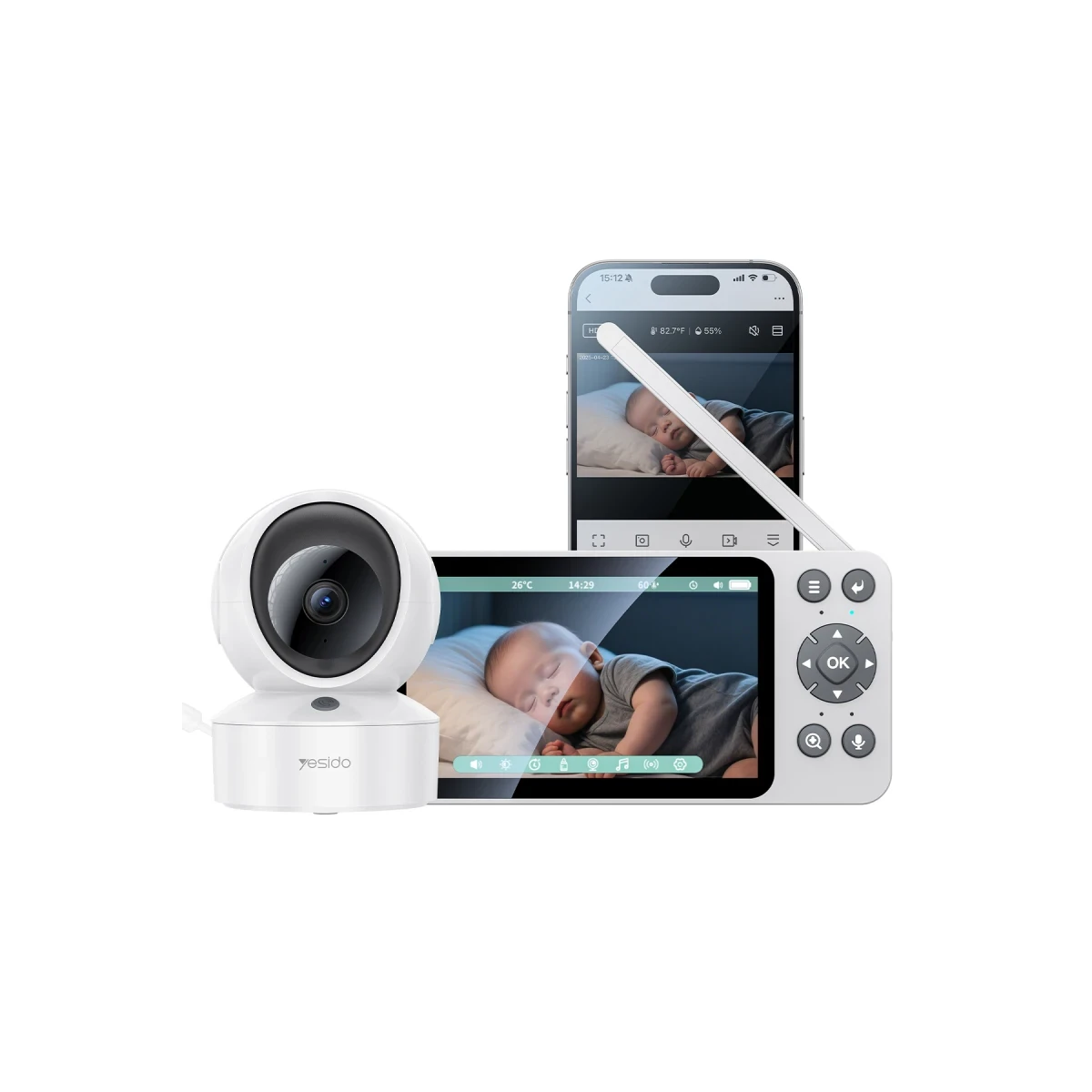 Yesido KM28 Ağlama Tespit ve Gece Görüş Özellikli 1080P Wifi Monitörlü Akıllı Bebek Takip Kamerası - Beyaz
