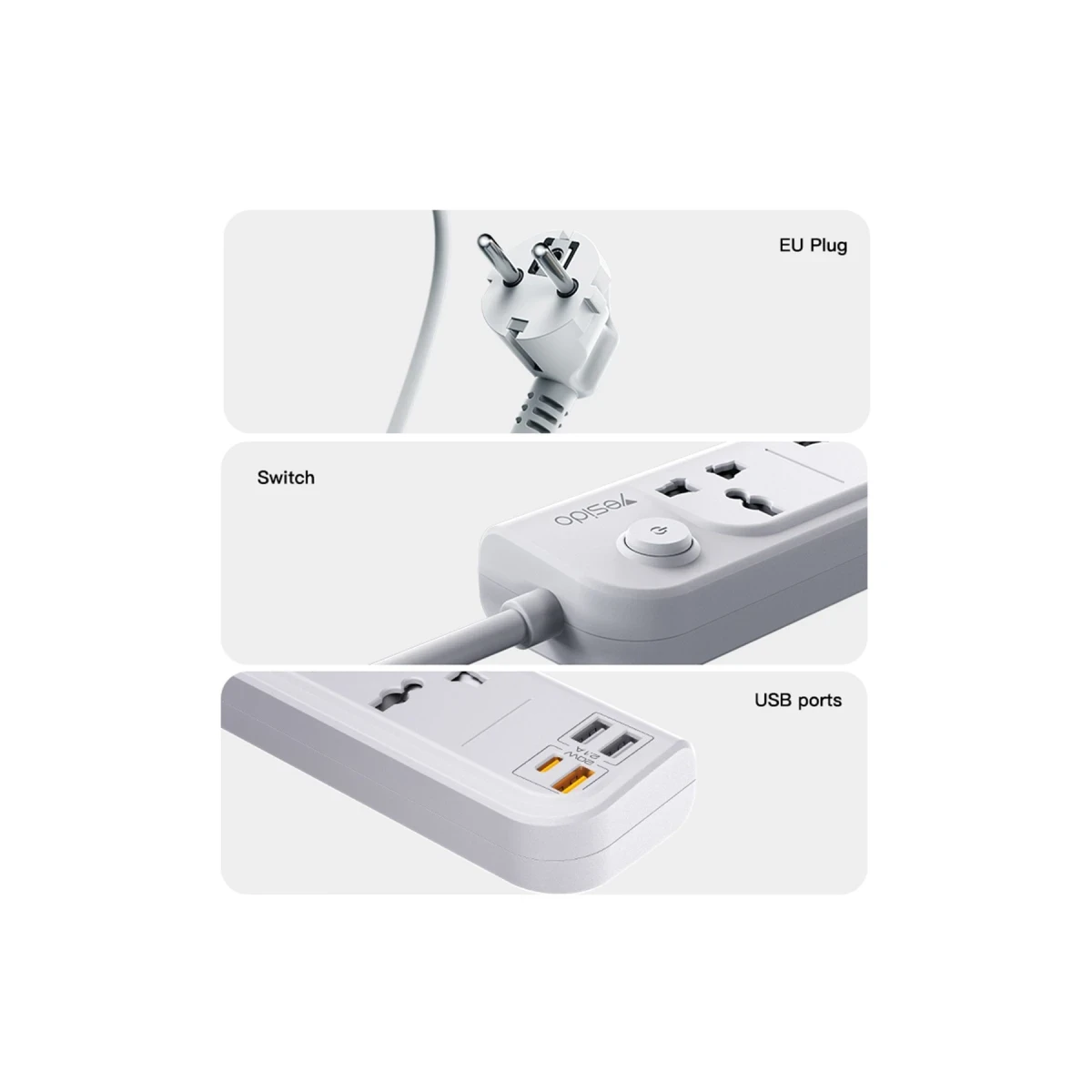 Yesido MC18 8in1 3 Adet Usb 1 Adet Type-C ve 4 Adet Priz Dönüştürücü 2M - Beyaz