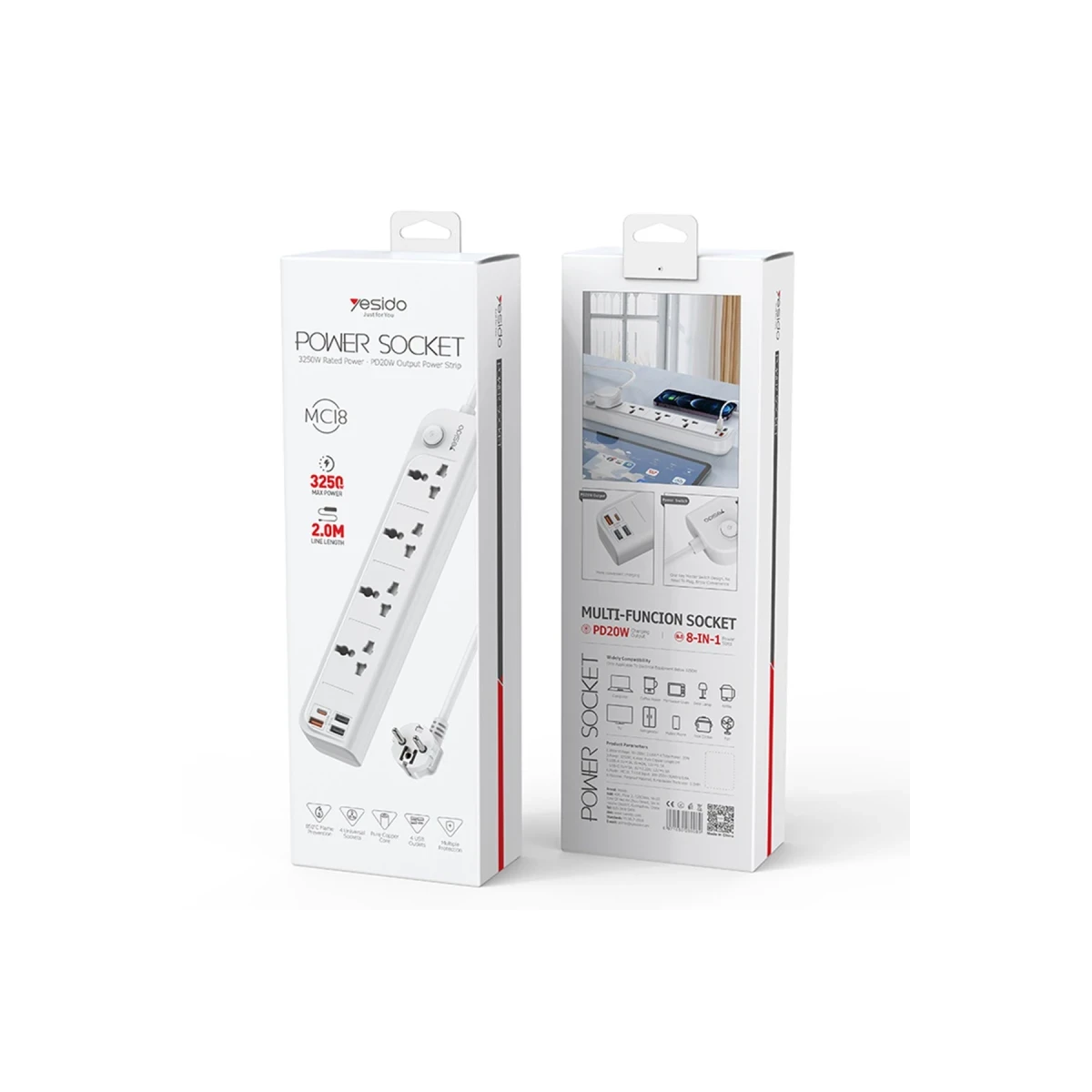Yesido MC18 8in1 3 Adet Usb 1 Adet Type-C ve 4 Adet Priz Dönüştürücü 2M - Beyaz