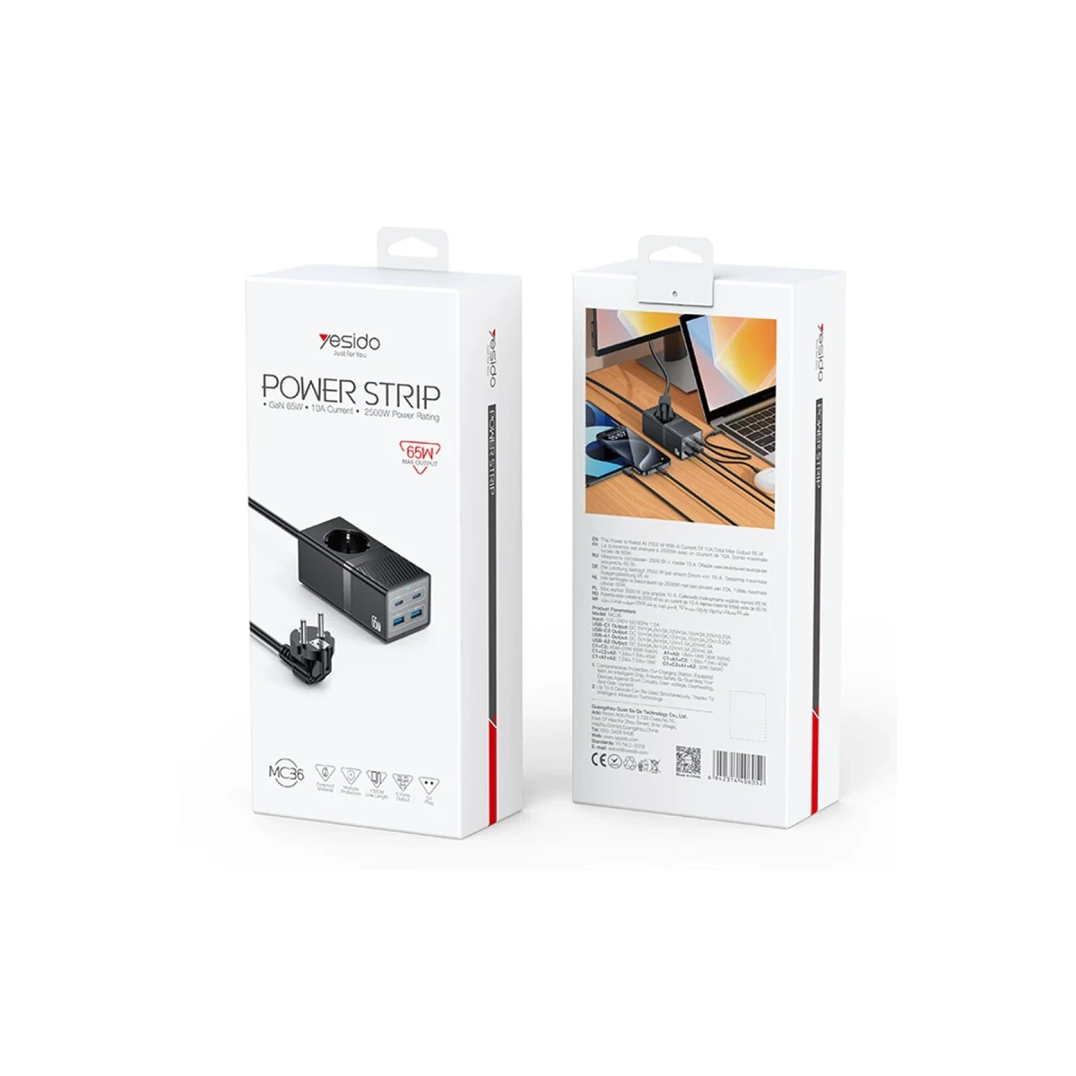 Yesido MC36 2500W 1.5M Ekstra 2 Adet 18W USB ve 2 Adet 45W Type-C Çıkışlı Priz Uzatıcı - Siyah