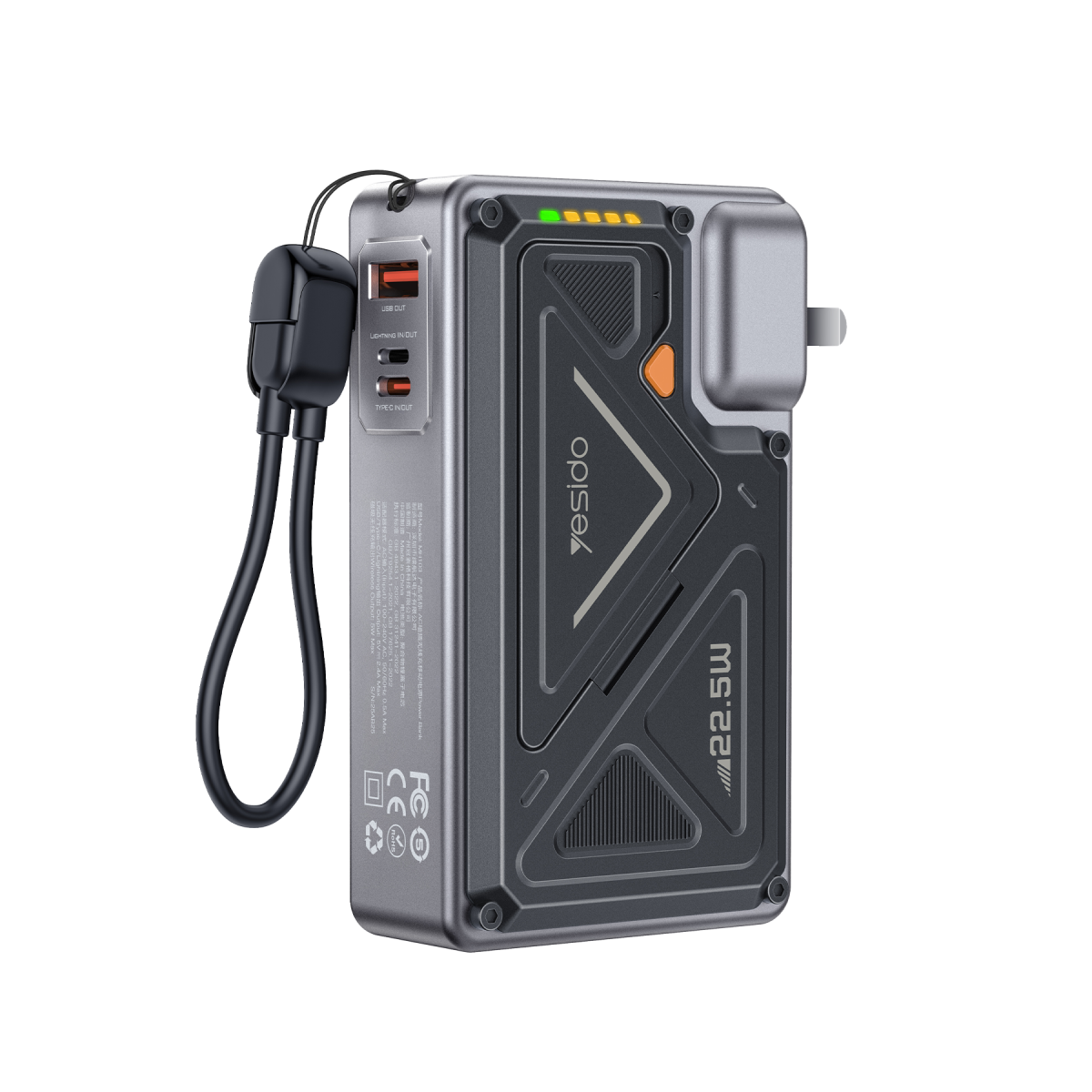 Yesido MH103 20.000 mAh 22.5W PD Hızlı Şarj ve 15W Kablosuz Şarj Destekli Priz Uçlu Powerbank - Siyah